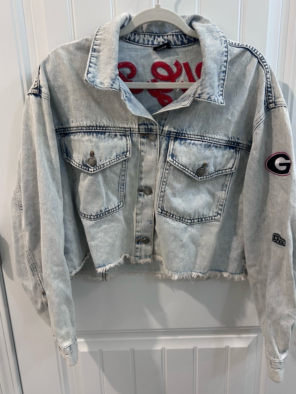 UGA Women's Cropped Light Wash Denim Jacket - Light Blue